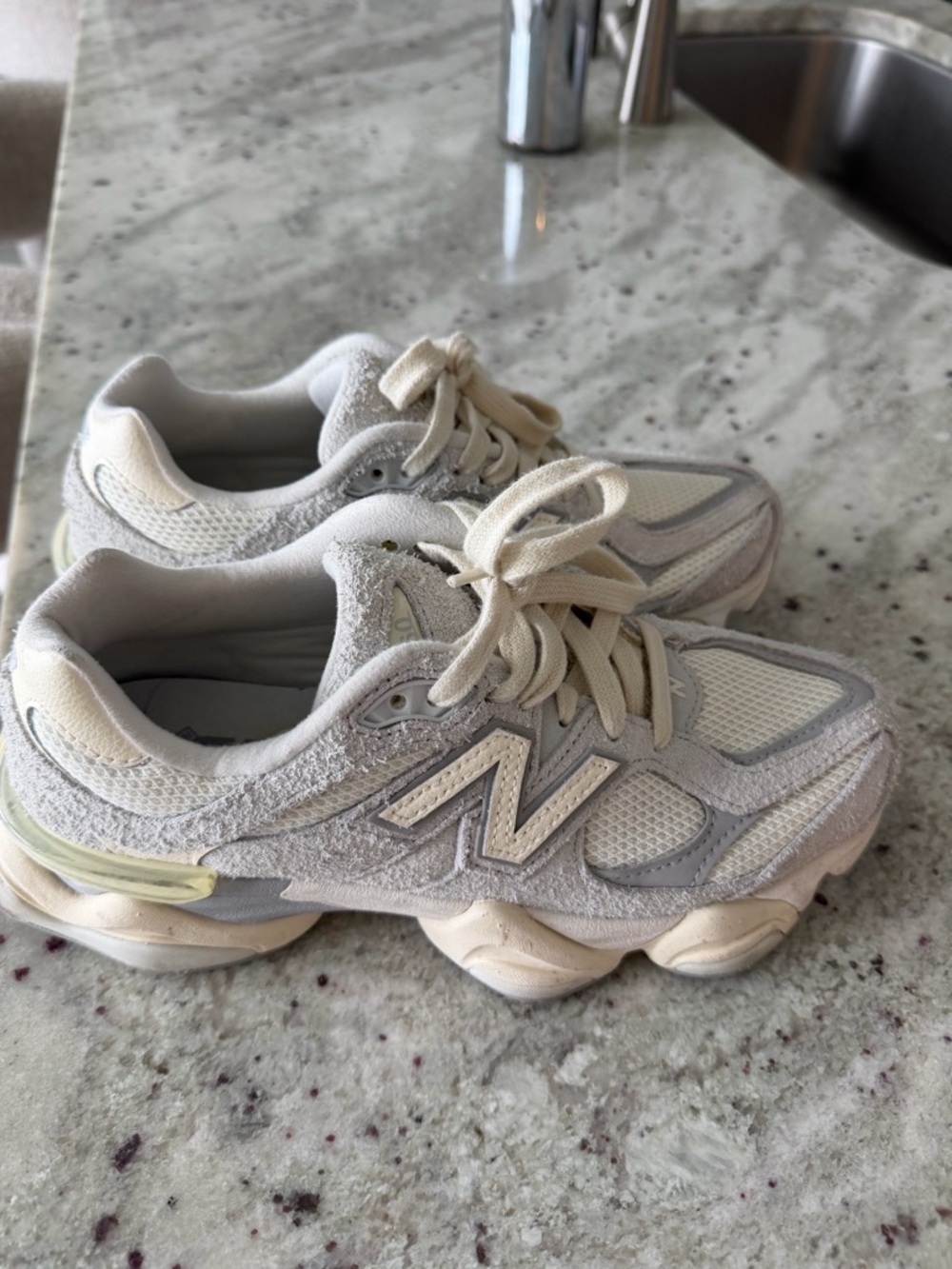 New Balance Cream and Light Gray Mesh & Suede Sneakers